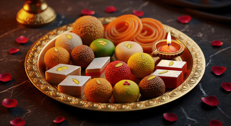 A golden thali filled with a variety of Indian sweets and a lit diya, surrounded by scattered rose petals on a dark marble surface, creating a festive ambiance.の素材