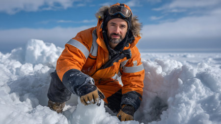 An explorer, a man with a beard wearing an orange parka with a fur-lined hood and goggles, is kneeling in a snowy, icy landscape. He is actively engaged with the snow, appearing to dig or examine it. The man is dressed in heavy winter gear, including gloves and sturdy boots. The background consists of vast expanses of snow and ice under a bright blue sky with scattered clouds, indicating a remote and cold environment.の素材