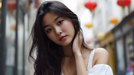 A  portrait of a young Asian woman with long, dark, flowing hair. She is wearing a white top and large hoop earrings. Her head is tilted slightly, and she is looking towards the camera with a gentle expression. The background is a blurred city street with colorful lights.の素材