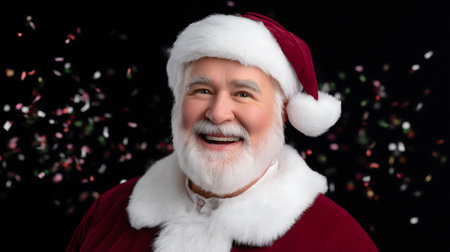 A  portrait of a cheerful Santa Claus with a white beard and a red suit and hat. He is smiling broadly and looking directly at the camera. Colorful confetti is falling around him against a dark background, creating a festive and celebratory mood.の素材