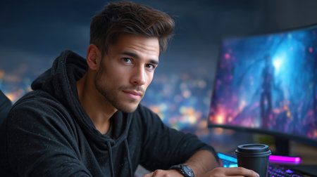 A young man with styled brown hair and a beard is sitting at a desk, looking towards the camera. He is wearing a black hoodie. Next to him is a black coffee cup and a large, curved computer monitor displaying a vibrant, colorful image, possibly from a video game. The background shows blurred city lights at night, creating a dynamic and atmospheric scene.の素材