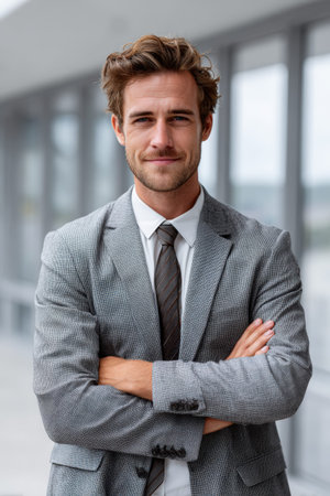 A medium shot of a man in a grey suit, white shirt, and dark tie, with his arms crossed. He has brown, wavy hair and is looking directly at the camera with a confident smile. The background is blurred, showing the interior of a modern building with glass elements.の素材