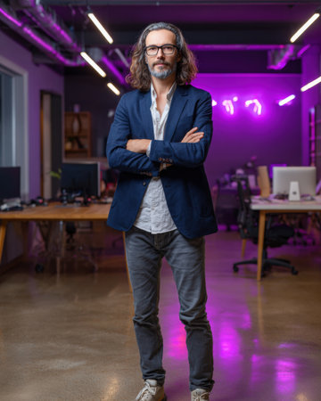 A full-body portrait of a man with long wavy hair, a beard, and glasses, wearing a navy blazer over a light-colored shirt and grey jeans. He stands with his arms crossed in a modern office space illuminated by vibrant purple neon lights. Desks and computers are visible in the blurred background.の素材