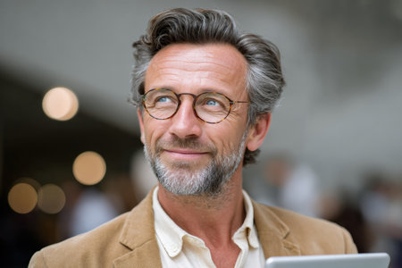 A  portrait of a mature man with graying hair and a beard, wearing round-framed glasses. He is looking upwards and slightly to the side with a gentle smile, appearing thoughtful or inspired. He is dressed in a tan corduroy blazer over a light shirt and holds a tablet in his hand. The background is softly blurred with warm bokeh lights.の素材