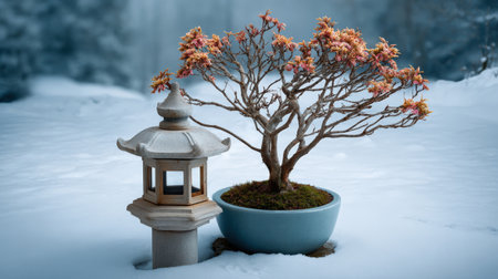 A small, artfully sculpted bonsai tree with delicate pink and orange leaves sits in a light blue pot covered in moss. Beside it stands a traditional Japanese stone lantern, its weathered surface contrasting with the fresh snow. The scene is set in a serene, winter landscape, with soft, blurred snow in the background.の素材