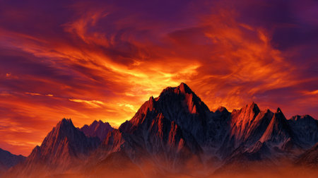 A breathtaking vista unfolds as a fiery sunset paints the sky with vibrant hues of orange, red, and purple. Jagged mountain peaks pierce the dramatic clouds, their rugged slopes catching the last rays of sunlight. The scene evokes a sense of awe and the raw beauty of nature at twilight.の素材