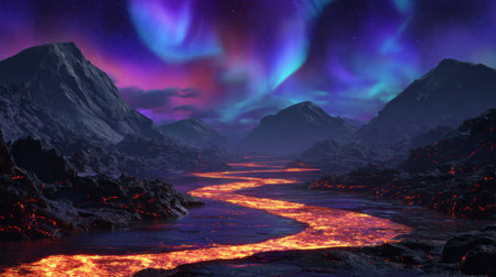 A dramatic and otherworldly landscape unfolds under a vibrant aurora borealis. A winding river of molten lava, glowing with intense orange and yellow hues, flows through a rugged, mountainous terrain. The dark, rocky slopes contrast sharply with the fiery river and the ethereal, colorful lights dancing in the night sky. Stars are visible through the swirling patterns of the aurora, creating a breathtaking and surreal scene.の素材