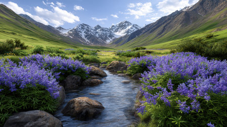 A breathtaking mountain valley unfolds under a bright blue sky dotted with fluffy white clouds. Lush green hillsides rise on either side, leading the eye towards majestic snow-capped mountains in the distance. In the foreground, a clear stream meanders through a vibrant meadow carpeted with abundant purple wildflowers. Large, smooth rocks line the stream banks, adding texture to the serene and picturesque landscape.の素材