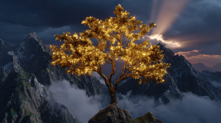A solitary, radiant golden tree stands proudly atop a rugged mountain peak, its leaves shimmering with an inner light. The dramatic sky above is a canvas of dark, brooding clouds, pierced by ethereal rays of sunlight that cast a divine glow upon the scene. Wisps of mist cling to the surrounding mountain ranges, adding to the mystical and awe-inspiring atmosphere of this surreal landscape.の素材