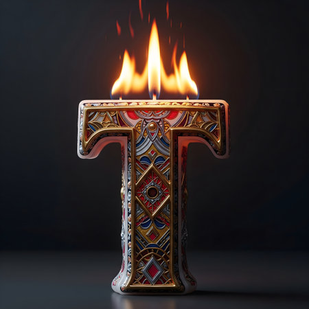 An ornate letter T shaped candle burns with bright flames against a dark background. The candle has intricate gold, red, and blue decorative patterns.の素材