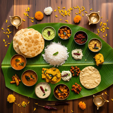 A vibrant and abundant Indian feast is artfully arranged on a large green banana leaf, set against a warm wooden table. The spread includes fluffy white rice, golden-brown pooris, crispy papads, various curries and chutneys in small bowls, and fried snacks. Traditional brass oil lamps (diyas) flank the arrangement, and scattered marigold flowers and yellow petals add a festive touch. This overhead view showcases a rich culinary tradition.の素材