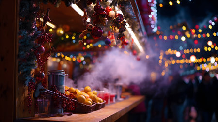 A festive Christmas market stall at night, with a steaming pot of mulled wine and baskets of oranges. Twinkling fairy lights and bokeh create a warm, inviting atmosphere. Decorations like berries and baubles adorn the stall, hinting at the holiday season.の素材