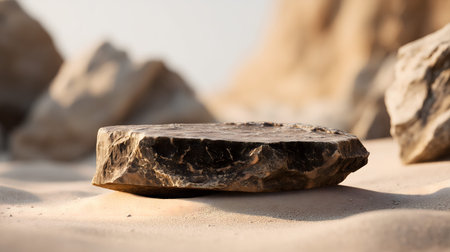 A rough, dark-colored natural stone sits as a pedestal on a sandy surface. The stone has visible cracks and texture, suggesting it is weathered. In the background, out-of-focus sand dunes and rocky formations create a natural, arid landscape under a bright, hazy sky.の素材