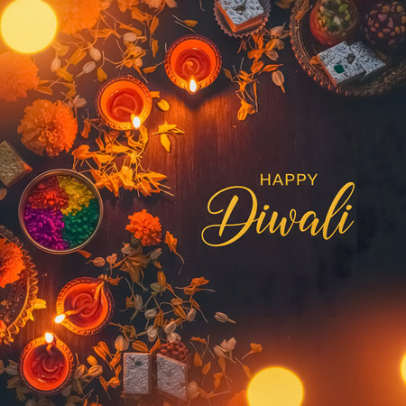 An overhead view of a Diwali celebration setup. It features lit diyas (oil lamps), traditional Indian sweets (mithai), bowls of vibrant Holi colors, and marigold flowers and petals scattered across a dark wooden surface. The scene is illuminated by the warm glow of the diyas and soft bokeh lights, conveying a festive and celebratory mood.の素材