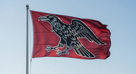 A vibrant red flag featuring a bold black graphic of a raven in flight is captured as it waves in the wind. The raven is depicted with outstretched wings and sharp talons, its silhouette stark against the clear, pale blue sky. The flag is attached to a metal pole, suggesting it is displayed outdoors.の素材
