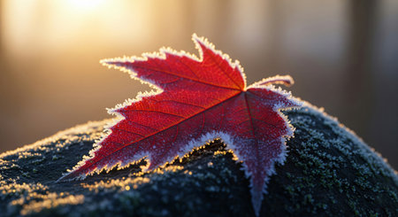 A single vibrant red maple leaf is covered in delicate white frost, resting on a textured, dark surface. The leaf is illuminated by the warm, golden light of the rising sun, which shines through it, highlighting its veins and the intricate patterns of the frost. The background is softly blurred, emphasizing the leaf's detail and the frosty texture.の素材