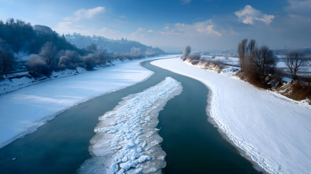 A wide aerial view captures a river winding through a snowy landscape during winter. The river's surface is partially frozen with visible ice floes, while the banks are covered in thick snow. Bare trees and some vegetation dot the snow-covered hillsides and the distant horizon. The sky is partly cloudy with a mix of blue and grey.の素材
