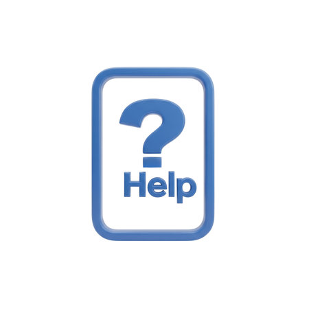 A blue, three-dimensional icon representing help is shown against a black background. The icon features a rounded rectangular frame containing a large question mark and the word "Help" below it. Both the question mark and the text have a smooth, rounded appearance with subtle highlights. This isolated graphic is perfect for indicating support, assistance, or a need for information in digital interfaces.の素材