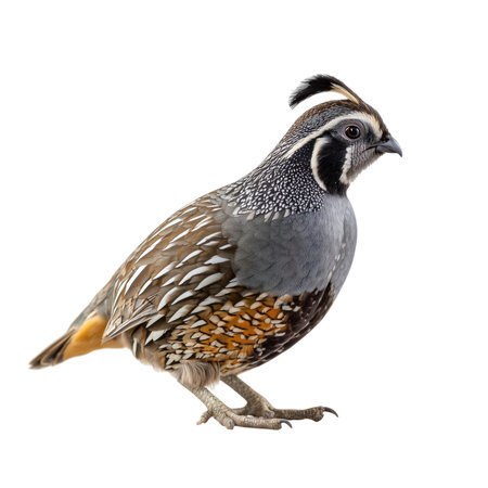 A full-body studio shot of a California Quail is presented against a black background. The bird features its characteristic black crest, dark eye, and distinctive facial markings with white and black stripes. Its plumage is a detailed mix of grey, brown, and orange feathers, with white and brown accents on its wings and body. The bird stands on its grey legs and feet, showcasing its profile.の素材