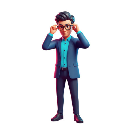 A 3D rendered cartoon man wearing a dark blue suit, a light blue shirt, and a dark tie is shown adjusting his black-rimmed glasses. He has a confident and focused expression. His dark hair is neatly styled. The image is illuminated with subtle red and blue lighting, highlighting his features. He wears dark dress shoes. The image is isolated on a black background.の素材