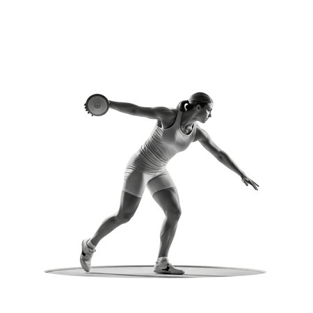 A black and white image of a female discus thrower in the midst of her throw. She is captured in motion, her body angled as she releases the discus. The athlete is wearing athletic attire and stands on a white circular platform, with the rest of the background being solid black.の素材