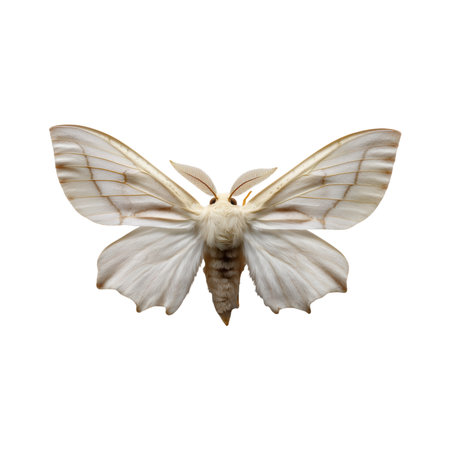 A detailed macro shot of a white silkworm moth with its wings fully spread. The moth has delicate, cream-colored wings with subtle brown veining. Its body is fuzzy and segmented, and it has feathery antennae. The insect is presented against a stark black background, emphasizing its intricate details and ethereal appearance.の素材