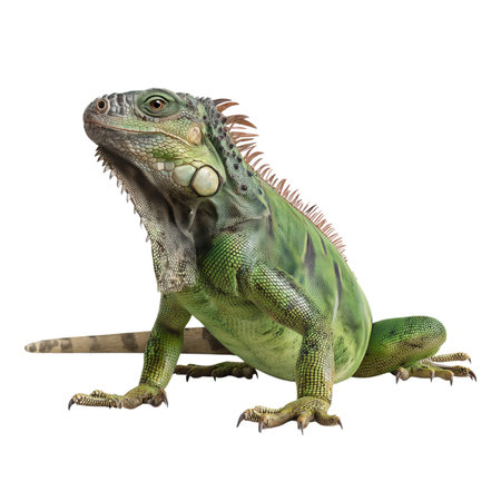A green iguana with a pronounced spiky crest running along its back and neck is depicted against a black background. The intricate details of its scales, skin texture, and sharp claws are clearly visible. The iguana is positioned in a seated posture, with a subtle hint of a branch beneath it.の素材