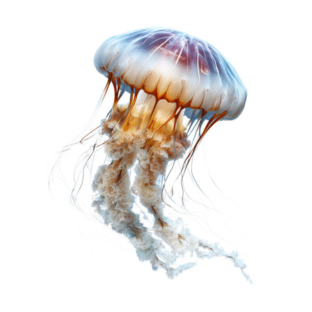 Graphic showing translucent jellyfish with tentacles on black background. High resolution image suitable for commercial use. High quality image with transparent background support.の素材