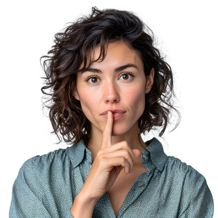 A young woman with curly brown hair and wide, expressive eyes places her index finger to her lips, signaling for silence. She has a few freckles across her nose and cheeks and wears a green patterned button-up shirt. The image is isolated on a black background, emphasizing her gesture and facial expression.の素材