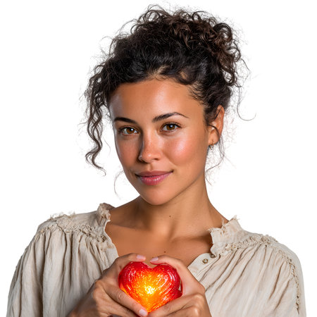 A woman with curly brown hair and a gentle expression holds a glowing red heart in her hands. The heart radiates a warm, bright light that casts a subtle glow on her face and fingers. She is wearing a light beige, button-up shirt with ruffled details. The image is set against a stark black background, making the illuminated heart the central focus.の素材