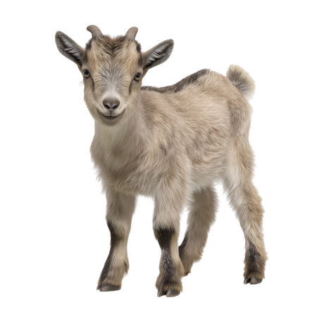 A small, light brown and grey goatling stands on its four legs, facing the viewer. It has short, fuzzy fur, small horns, and a short tail. Its ears are perked, and it has a gentle, curious expression. The image is a 3D render with a transparent background.の素材