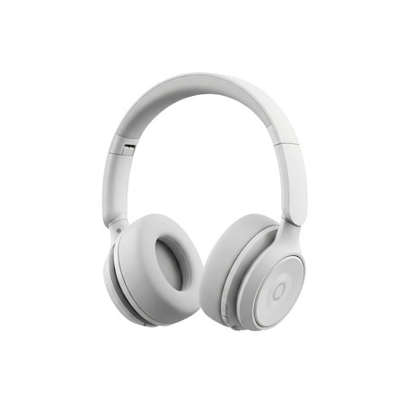 A pair of white over-ear headphones are displayed against a black background. The headphones have large, padded earcups and a sleek headband. The design is minimalist and modern, with subtle branding visible on the earcups.の素材