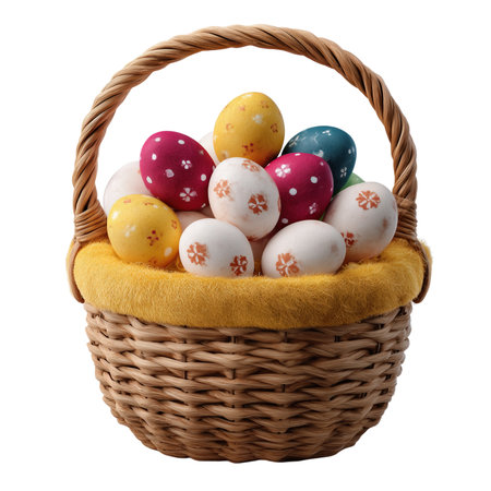 A wicker basket is filled to the brim with a variety of decorated Easter eggs. The eggs are nestled on a yellow cloth lining. Designs include white eggs with pink floral patterns, pink eggs with white polka dots, yellow eggs, and a blue egg. The basket has a woven texture and a handle, set against a black background.の素材