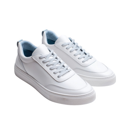 A pair of white leather low-top sneakers with light blue laces and light blue interior lining is showcased against a black background. The sneakers have a sleek, modern design with a smooth leather upper, a prominent white rubber sole with a textured tread, and subtle detailing. The laces are a contrasting light blue, adding a touch of color to the otherwise monochromatic shoe. They are presented as a pair, angled to show their form.の素材