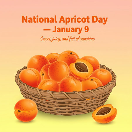 An illustration depicts a woven basket filled to the brim with fresh, whole apricots. A few apricots are halved, showing their brown pits. One halved apricot and one whole apricot sit in front of the basket. The background is a gradient of peach and yellow. Text reads "National Apricot Day - January 9. Sweet, juicy, and full of sunshine."の素材