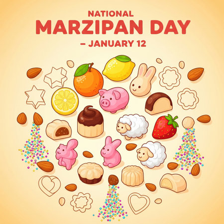 A delightful illustration celebrating National Marzipan Day on January 12th. The image showcases a circular arrangement of various marzipan creations, including cute animal shapes like pigs, sheep, and bunnies, as well as fruit-shaped candies resembling oranges and lemons, and chocolate-covered treats. Decorative elements like almonds, star and flower-shaped cookies, and colorful sprinkles add to the festive atmosphere.の素材