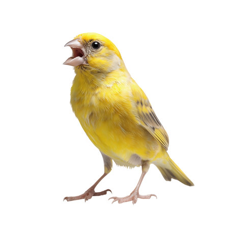 Bird showing yellow canary bird singing open mouth isolated on black background. High resolution image suitable for commercial use. High quality image with transparent background support.の素材