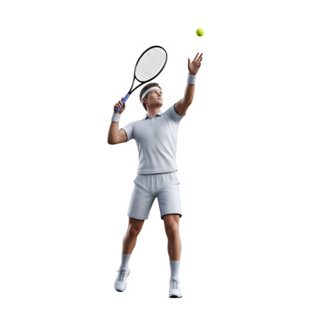 A male tennis player in a white polo shirt, white shorts, white headband, and white wristbands is captured in the motion of serving a tennis ball. He holds a tennis racket in his left hand, preparing to strike the ball, which is tossed in the air above his head. The image is set against a stark black background, emphasizing the player and his athletic pose.の素材