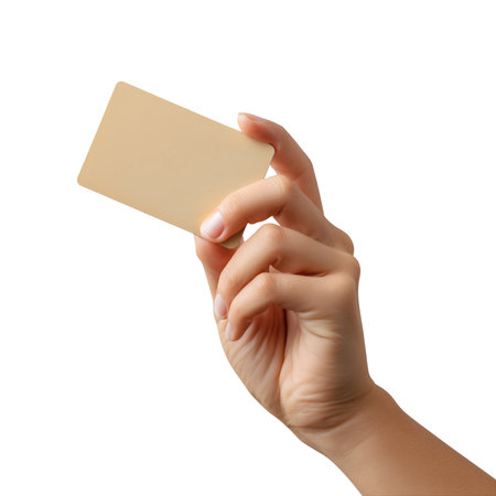 Golden showing hand holding a blank golden card on black background. High resolution image suitable for commercial use. High quality image with transparent background support.の素材