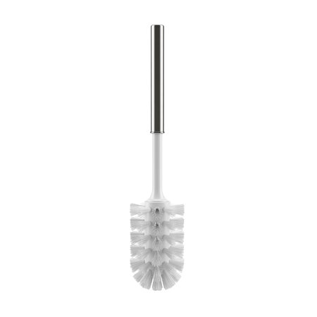 A studio photograph of a white toilet brush with a sleek silver metal handle, presented against a stark black background. The brush head is full of white bristles, designed for cleaning. The image focuses on the object's form and texture, highlighting its utilitarian design.の素材