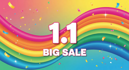 A dynamic graphic announcing a "1.1 BIG SALE" with large white numbers and text against a backdrop of colorful, wavy lines resembling a rainbow. Scattered confetti adds to the festive and celebratory atmosphere. The background transitions from yellow to blue, with vibrant pink, orange, green, and blue waves.の素材