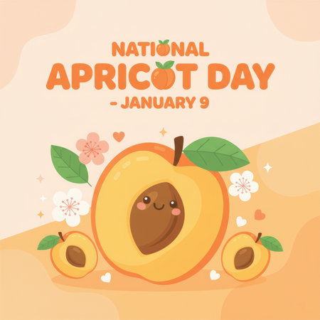A charming cartoon illustration for National Apricot Day showcases a large, halved apricot with a cute, smiling face and a pit. Two smaller whole apricots with leaves are positioned on either side. Delicate pink and white flowers, along with small hearts, are scattered around the central apricot. The background is a soft, peachy orange. Text reads "NATIONAL APRICOT DAY - JANUARY 9."の素材