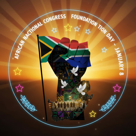 A circular graphic celebrates African National Congress Foundation Day. A raised fist, filled with imagery of South Africa and its people, holds the South African flag. White doves fly around the fist, and stars and laurel wreaths adorn the outer circle. A vibrant sunburst fills the background, suggesting hope and a new dawn.の素材