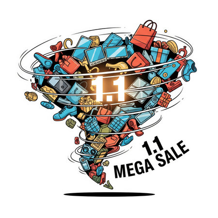 A dynamic illustration depicting a "1.1 Mega Sale" as a swirling vortex of various products. The tornado-like formation includes shopping bags, gift boxes, shoes, mobile phones, electronics, and other consumer goods, all in vibrant colors. The numbers "1.1" are prominently displayed in the center, with "1.1 MEGA SALE" text.の素材