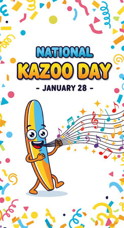A vertical, colorful illustration for National Kazoo Day features a cheerful cartoon character shaped like a kazoo. The character has big eyes and a wide smile, playing the kazoo and emitting musical notes and sparkling sound waves. The background is filled with a festive explosion of confetti and streamers in various bright colors. Text at the top announces "NATIONAL KAZOO DAY - JANUARY 28".の素材