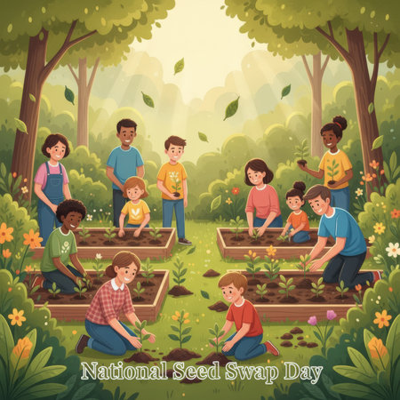 A vibrant illustration depicts a sunny day in a lush garden setting. Several children and adults are actively engaged in planting small seedlings in raised garden beds. Trees and colorful flowers surround the scene, with leaves gently falling from the trees. The people are dressed in casual clothing and appear happy and focused on their gardening tasks. The text "National Seed Swap Day" is visible at the bottom.の素材