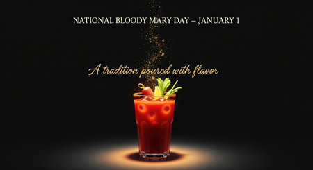 A sophisticated image presents a single Bloody Mary cocktail in a faceted glass, illuminated by a soft spotlight against a dark, black background. Glowing golden particles shimmer and fall from above, adding a touch of magic. The drink is garnished with a sprig of mint and a cherry tomato. The text announces National Bloody Mary Day on January 1st, emphasizing "A tradition poured with flavor."の素材
