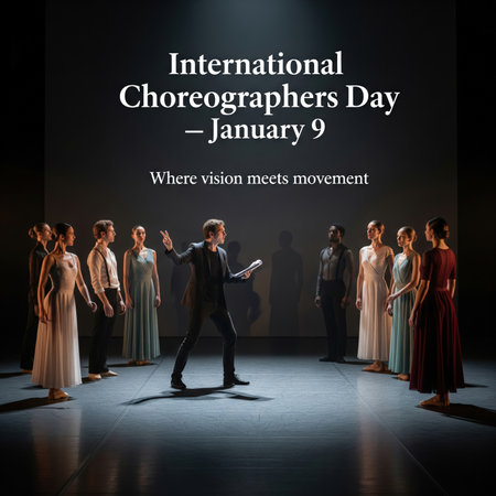 A group of dancers stand in a semi-circle on a dimly lit stage, facing a male choreographer who stands in the center holding a script and gesturing. The dancers are dressed in elegant, flowing costumes. The text "International Choreographers Day - January 9" and "Where vision meets movement" are displayed prominently.の素材
