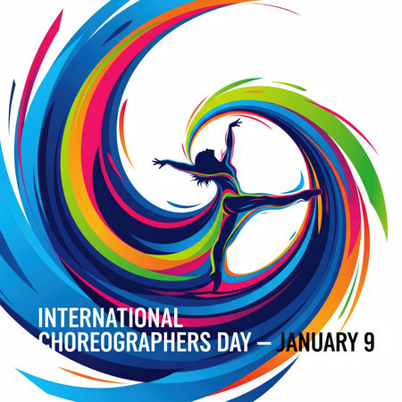 A dynamic silhouette of a dancer in a mid-air pose is surrounded by a swirling vortex of colorful abstract lines. The colors include shades of blue, pink, orange, yellow, and green, creating a sense of energy and movement. The text "INTERNATIONAL CHOREOGRAPHERS DAY - JANUARY 9" is prominently displayed at the bottom left.の素材