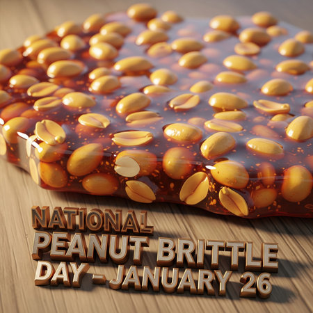An extreme close-up shot focusing on the glossy, golden surface of peanut brittle. Numerous peanuts are embedded in the translucent, amber-colored caramel. The texture is rich and inviting, with a slightly liquid appearance to the syrup. The text "NATIONAL PEANUT BRITTLE DAY - JANUARY 26" is presented in a 3D metallic font below the brittle. The background is a light wooden surface.の素材